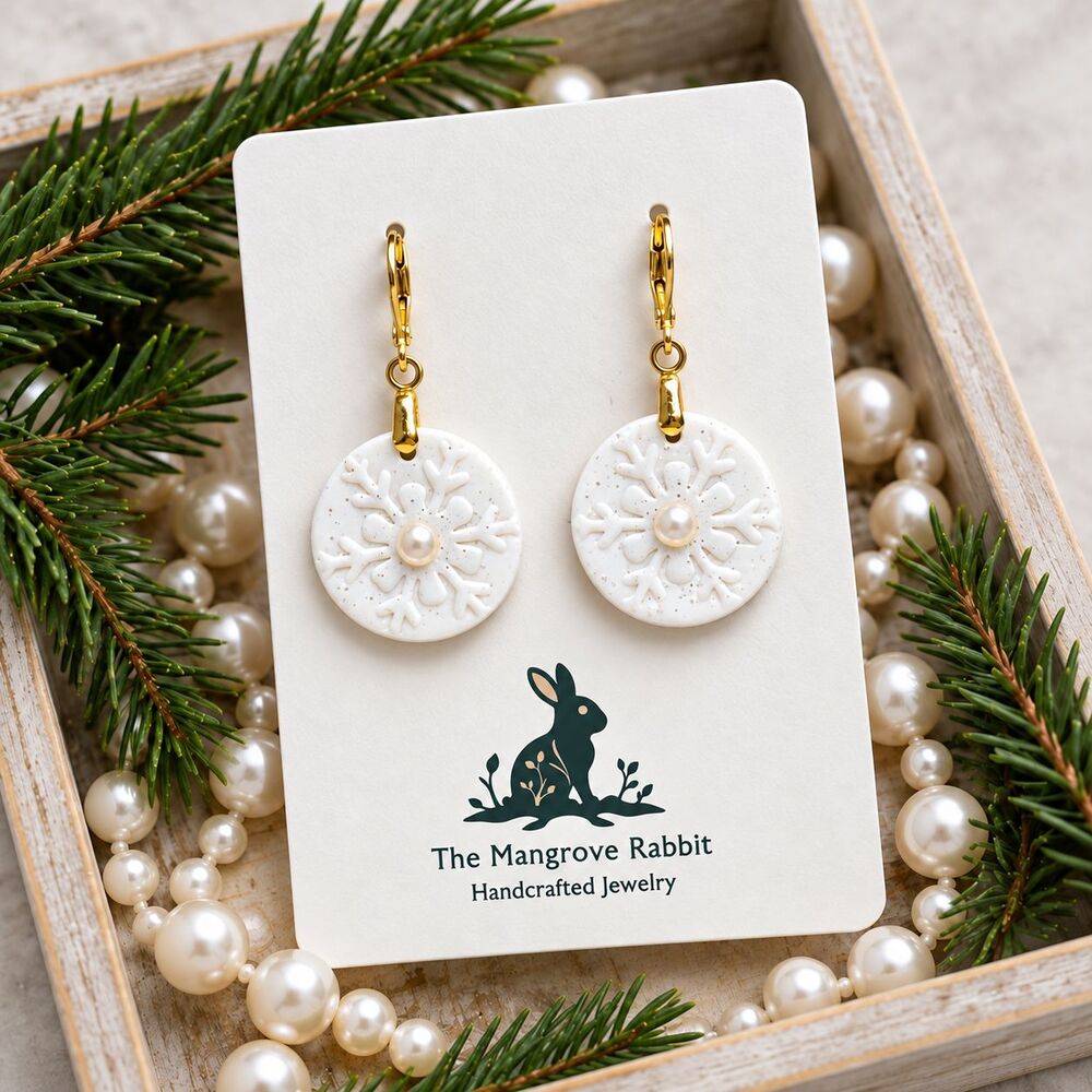 Handmade White Snowflake & Faux Pearl Polymer Clay Holiday Dangle Earrings